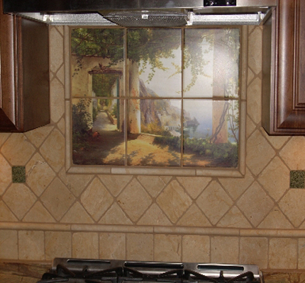 Tiled kitchen backsplash, set on diagonal with a beautiful mural and decos