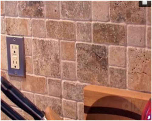 Tiled kitchen backsplash, multiple sizes of tumbled marble